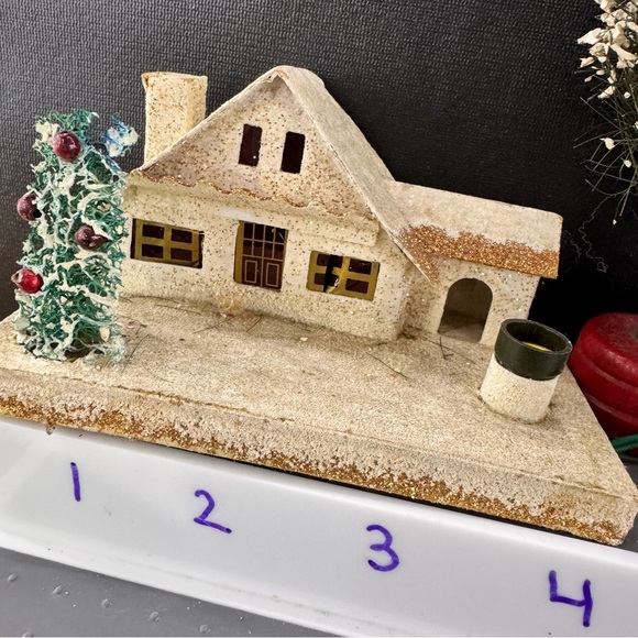 Set Of 11 Vintage Putz Houses Churches Beaded Bottle Brush Trees Japan - Picture 12 of 16